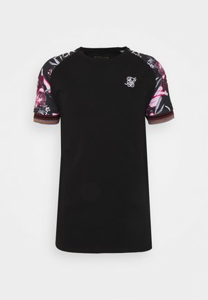 Sort T-shirt med blomsterprintede korte ærmer, rund hals og et lille logo på brystet. Blødt stof med en løs pasform.