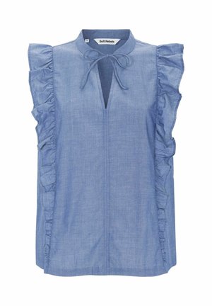 Ærmeløs blå chambray-bluse med flæser i siderne, et nøglehul-halsudskæring og bindelukning ved kraven.