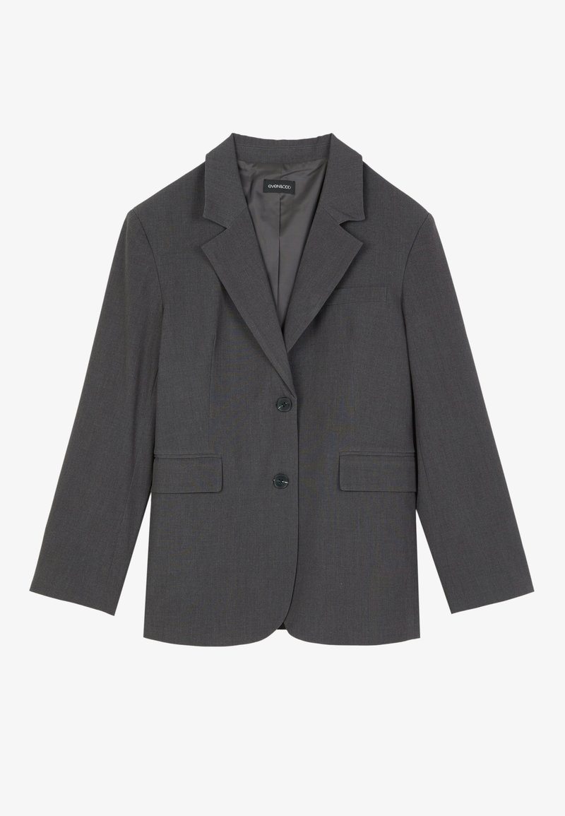 Pilkas švarkas su išlenktais apykakliais, dviem priekinėm kišenėm ir dviem mygtukais. Lygi medžiaga su subtiliu audinio raštu, struktūrizuotas fasonas ir ilgomis rankovėmis.