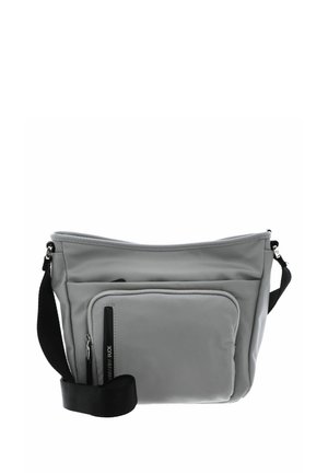 Gray crossbody bag with a large front zip pocket and black adjustable shoulder strap on a white background.