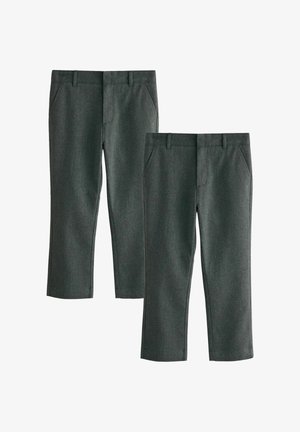 Zwei Paar dunkelgraue, gerade geschnittene Hosen mit Gürtelschlaufen, Seitentaschen und flacher Vorderseite, nebeneinander auf weißem Hintergrund präsentiert.