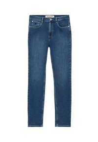 Pantalones vaqueros de denim azul oscuro con corte slim, que cuentan con un cierre de botón y cremallera, cinco bolsillos y costuras visibles a lo largo de las costuras.