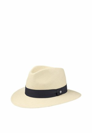 Beige woven fedora hat with a wide brim and a black fabric band around the base of the crown.
