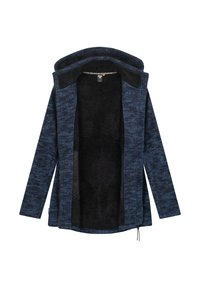 Sötétkék fleece dzseki, puha fekete béléssel és kapucnival. Teljes hosszú ujjak, cipzáras elülső rész és állítható zsinór.