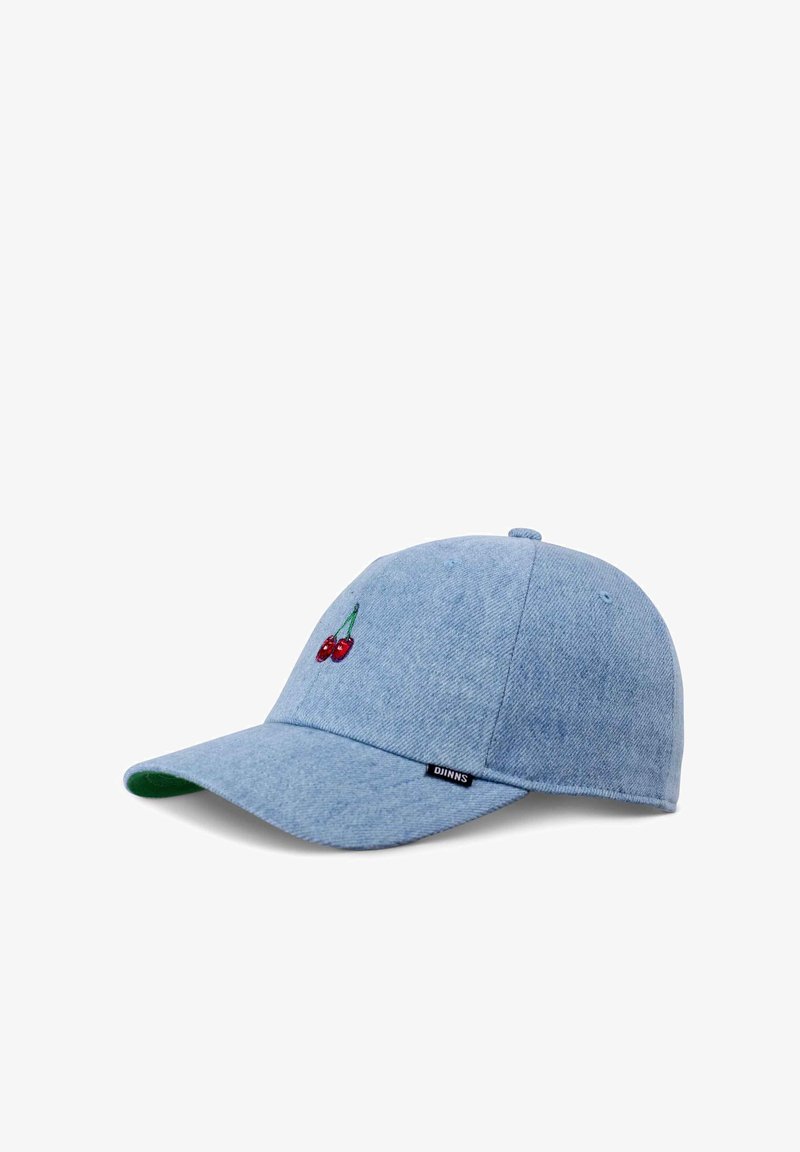 Blue denim cap with a curved brim, featuring red cherry embroidery on the front and a green underbrim. Black brand label on the side.