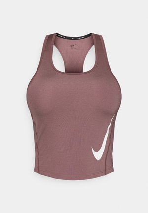 Pruun sportlik kärbitud top racerback-disainiga, valmistatud siledast materjalist, millel on valge Nike logo küljel ja kontrastse õmblusega.