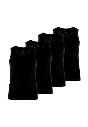 Vier schlichte schwarze ärmellose Tanktops, diagonal auf einem weißen Hintergrund angeordnet, die die Vorderansicht jedes Shirts zeigen.
