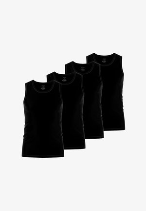 Vier schlichte schwarze ärmellose Tanktops, diagonal auf einem weißen Hintergrund angeordnet, die die Vorderansicht jedes Shirts zeigen.