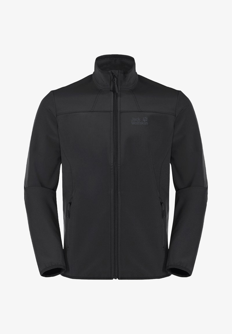 Veste softshell noire avec fermeture éclair intégrale à l'avant, col montant, poches latérales zippées et logo discret sur la poitrine.