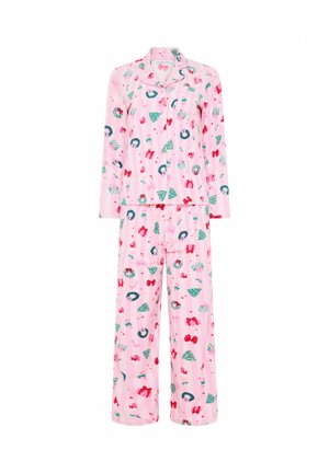 Ensemble de pyjama rose à manches longues avec boutons, imprimé sur le thème de Noël comprenant des couronnes, des nœuds, des sapins et des cannes en sucre d’orge.