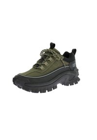 Scarpe impermeabili verdi con suola in gomma nera, battistrada spesso e allacciatura frontale. Presentano un collo imbottito e un dettaglio con logo sul lato.