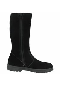 Schwarze Wildleder-Knöchelschuhstiefel mit seitlichem Reißverschluss, kontrastierendem Stich, abgerundetem Zeh und profiliertem Gummisohle.