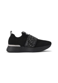 Scarpe da ginnastica in maglia nera con fascia decorativa nera e argentata, suola in gomma e un pannello di attacco sul tallone per indossarle facilmente. Finitura testurizzata.