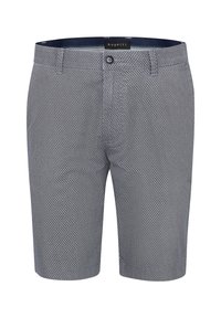 Marineblaue Shorts aus gemustertem Stoff, mit einem Knopfverschluss und einem Taillenlabel. Das Material hat ein strukturiertes Design mit kleinen geometrischen Formen.