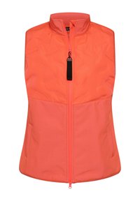 Orange ärmlös väst med hög krage, dragkedja fram, sidfickor och kontrasterande tygtextur. Designen är strömlinjeformad och modern.