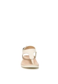 Beige leather sandal with toe post design, adjustable strap, and a soft suede footbed. Lightweight sole for comfort.