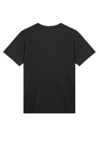 Zwarte katoenen T-shirt met korte mouwen, een ronde halslijn en een eenvoudige achterkant, met een zachte textuur en een standaard pasvorm.
