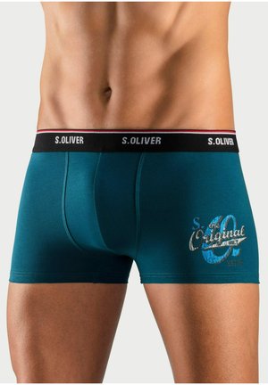 Teal cotton boxer briefs with a black waistband featuring "S. OLIVER" in white and red accents, displaying a graphic logo near the hem.