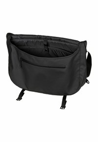 Borsa a tracolla nera realizzata in tessuto resistente, con una texture liscia, una tasca anteriore con zip e spallacci regolabili per un trasporto sicuro.