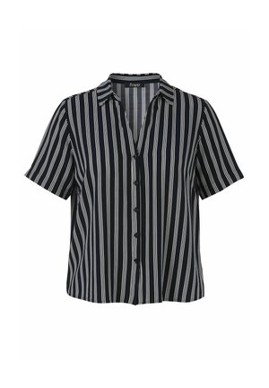 Blouse noire à manches courtes avec des rayures blanches verticales, boutonnée devant et avec un col, étiquetée "frapp" à l'intérieur de l'encolure.