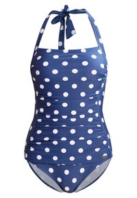 Marineblauw badpak met stippenpatroon, halternek en verstelbare strik. Heeft gerimpelde zijkanten en een soepel stof. Inclusief bijpassende onderkant.