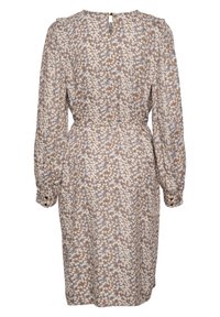 Robe marron longueur genou avec manches longues bouffantes, petit imprimé floral blanc et bleu, poignets boutonnés et fermeture par boutons au dos.