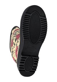 Rubber ankle boot with a floral skull pattern in cream and red. Black textured sole with grooves for traction. Size marking visible.