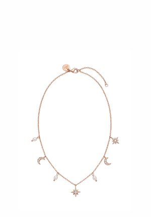 Roségoldene Halskette mit Stern-, Halbmond- und Perlenanhängern, gleichmäßig entlang der Kette verteilt, mit Karabinerverschluss.