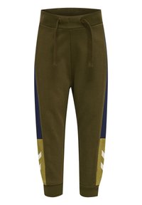 Olivgröna sweatpants med marinblå och olivpaneler, med dragsko i midjan och vita geometriska inslag vid fållen.