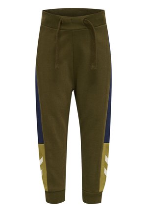 Olive green sweatpants with navy and olive panels, featuring a drawstring waistband and white geometric accents at the hem.