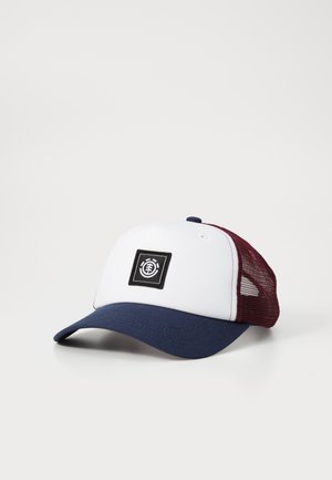 Trucker cap with a white front, navy blue peak, and burgundy mesh back. Features a black logo patch on the front panel.