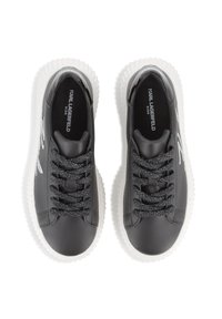 Black faux leather sneakers with silver glitter laces and white rubber soles, featuring a stitched logo detail on the sides. Textured surface.