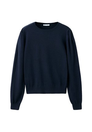 Pull bleu marine à manches longues avec col rond et fronces discrètes aux épaules, poignets et ourlet côtelés.
