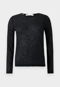 Black sheer long-sleeve lightweight crewneck sweater with fine knit texture and ribbed cuffs and hem.