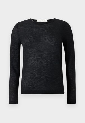 Black sheer long-sleeve lightweight crewneck sweater with fine knit texture and ribbed cuffs and hem.