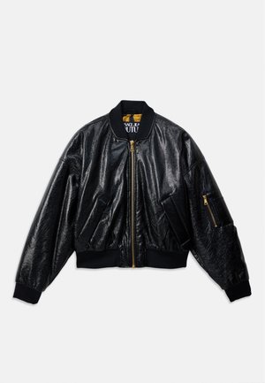 Black shiny bomber jacket with front zipper, two front pockets, ribbed cuffs and hem, and a small zippered pocket on the left sleeve.
