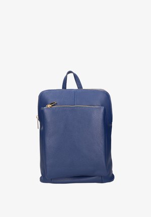 Blauwe leren rugzak met een gestructureerd oppervlak, bovenhandvat, voorste ritsvak, goudkleurige hardware en een ruime hoofdcompartiment.