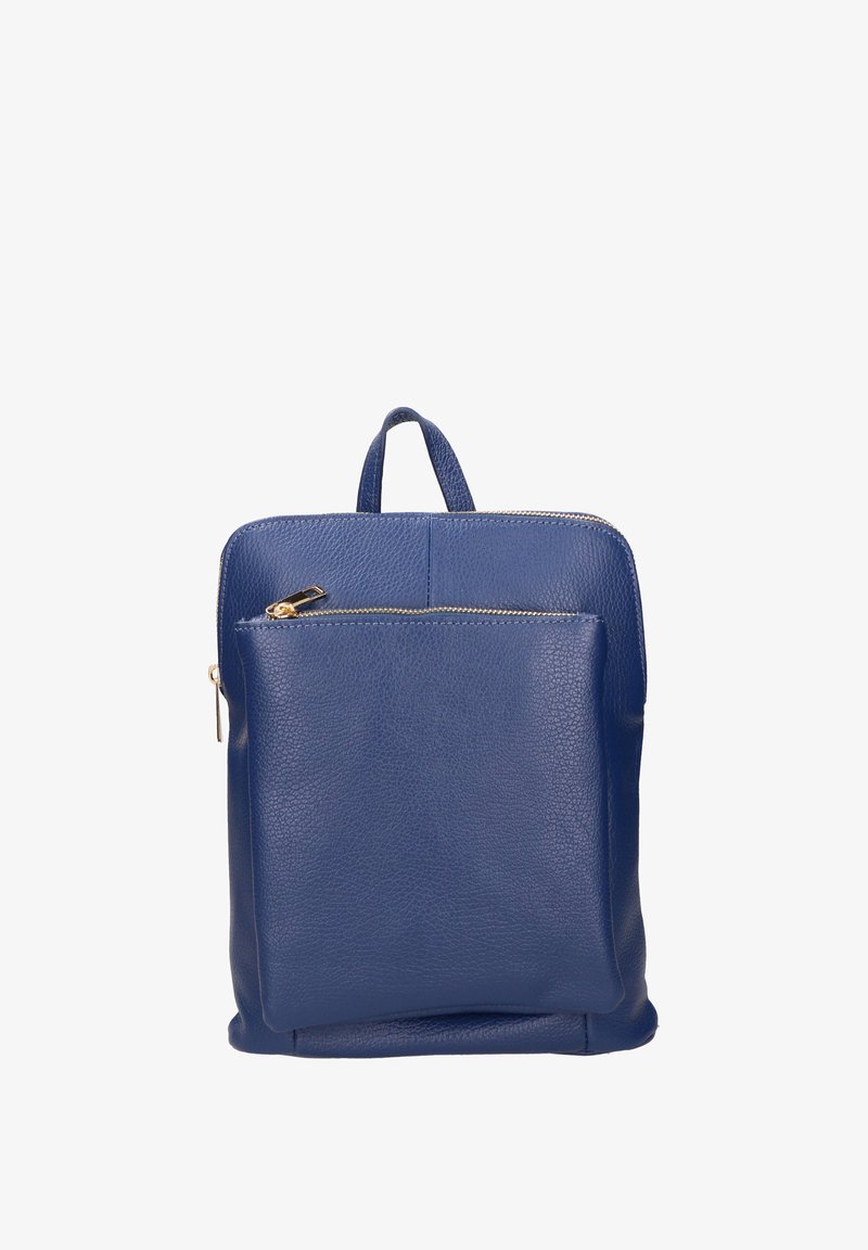 Blauwe leren rugzak met een gestructureerd oppervlak, bovenhandvat, voorste ritsvak, goudkleurige hardware en een ruime hoofdcompartiment.