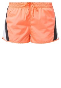Jasnopomarańczowe sportowe spodenki z elastycznym pasem, sznurkiem do regulacji oraz czarno-białymi panelami po bokach.
