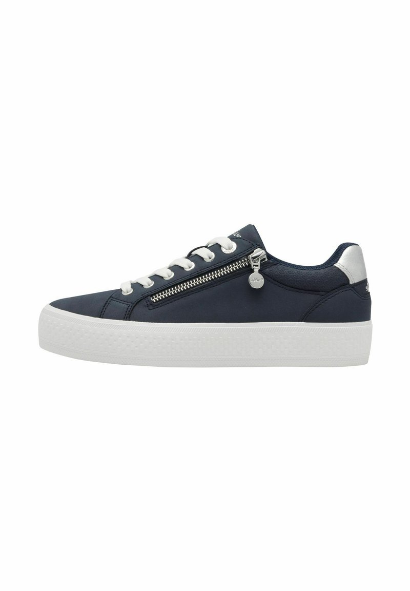Sneaker blu navy con suola bianca, caratterizzato da un accent zipper e chiusura con lacci. Realizzato in materiale liscio con una sottile texture.