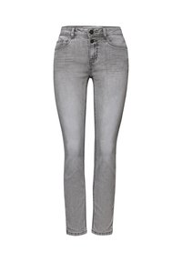 Jean denim gris taille slim avec effet délavé, fermeture à double bouton, poches avant et passants de ceinture, présenté sur un fond blanc.