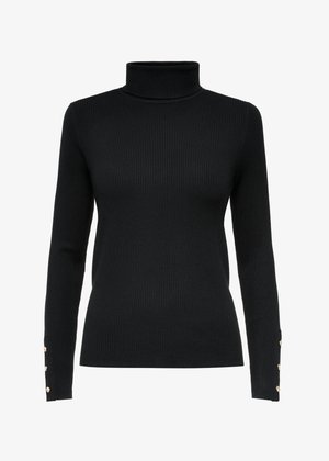 Czarny żeberkowy sweter z golfem, długimi rękawami i guzikami na mankietach. Wykonany z miękkiego, teksturowanego materiału.