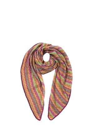 Bunter gestrickter Schal mit wellenförmigen Mustern in Orange, Grün, Lila und Pink, zu einer lockeren Schlaufe mit spitzen Enden gefaltet vor weißem Hintergrund.