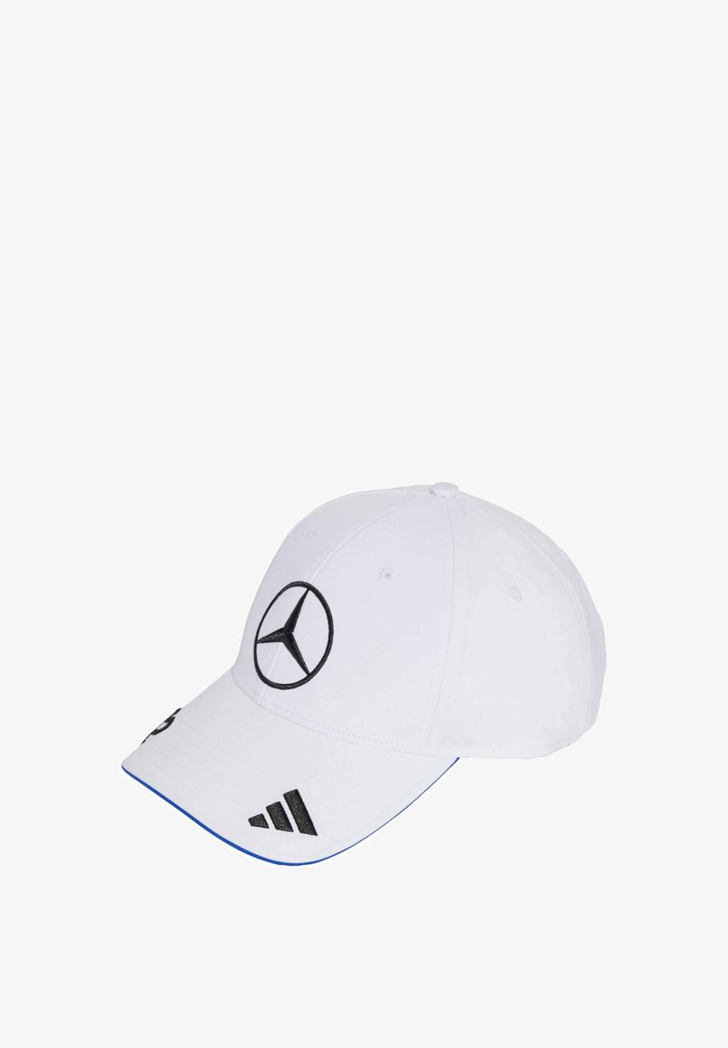 White cap with a black Mercedes logo on the front, black Adidas stripes on the side, and blue accent stitching along the brim.