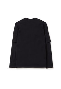 Zwarte longsleeve shirt met ronde hals, voorzien van tonale vlam borduursels op de mouwen en een gladde katoen textuur.