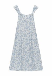 Sukienka w kwiaty z jasnoniebieskim i białym wzorem. Wykonana z miękkiego materiału, ma falbaniaste ramiączka i luźny, w kształcie litery A krój.