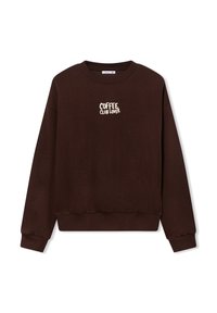 Ciemnobrązowy sweter z okrągłym dekoltem i długimi rękawami, z napisem "KOCHA MIŁOŚNIKÓW KAWY" wydrukowanym na białym tle na piersi.