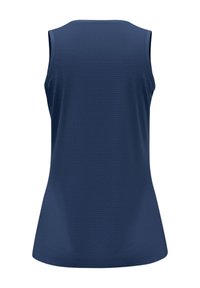 Haut sans manches en bleu marine profond, présentant une finition texturée et un col arrondi. Le dos est lisse avec une coupe décontractée.