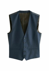 Marineblaues Weste mit glatter Textur, ausgestattet mit einer Sechs-Knopf-Verschluss, zwei Fronttaschen und einem gemusterten Futter. Schwarze Akzente an den Schultern.