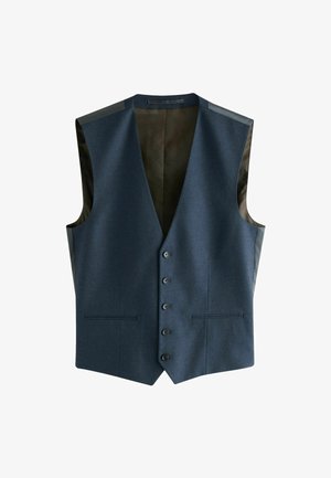 Tumesinine vest, millel on sile tekstuur, kuue nööbiga sulgemine, kaks esitaskut ja mustriline vooder. Mustad aktsendid õlgadel.